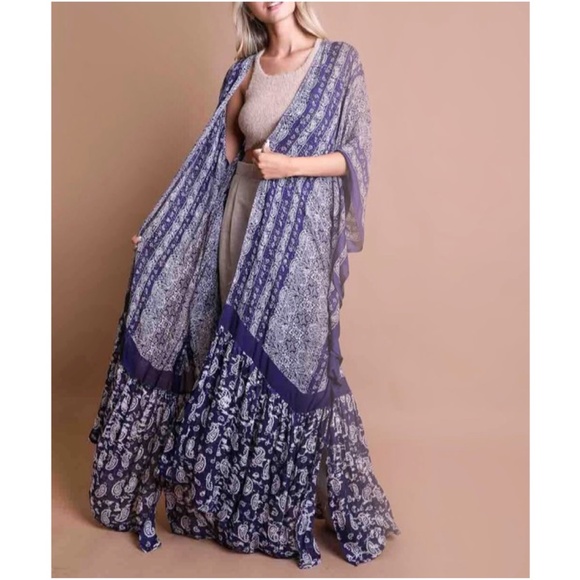 Bellanblue Tops - Bohemian Gypsy Purple Paisley Ruffle Long Kimono Cover up